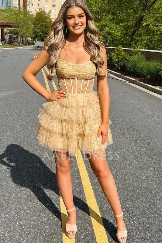 AABEI DRESS A-Line Glitter Strapless Beads layered Ruched Sequin Hot Sale Short Homecoming Dress