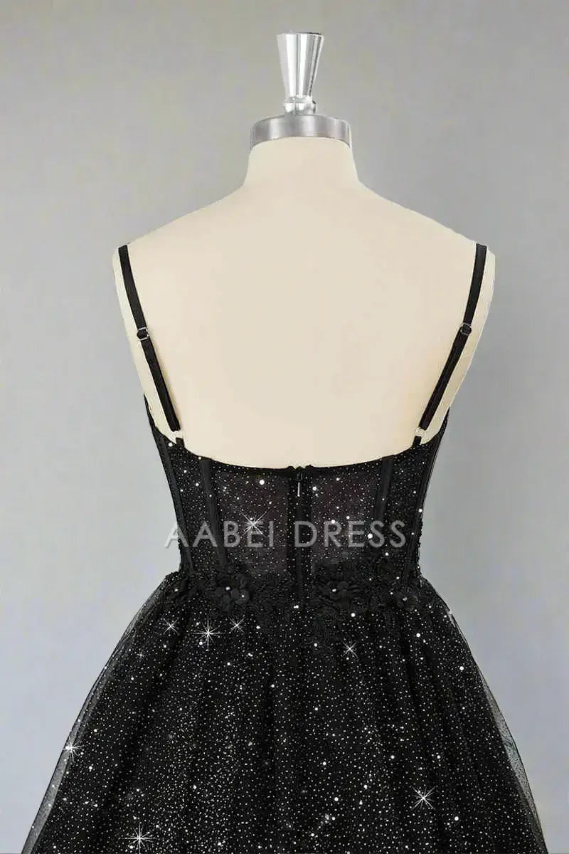 AABEI DRESS A Line Corset Spaghetti Strap Sweetheart Neckline Black Tulle Sparkle Hot Sale Short Homecoming Dress