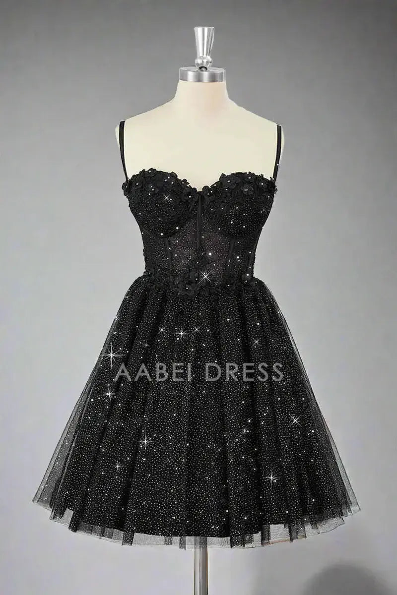 AABEI DRESS A Line Corset Spaghetti Strap Sweetheart Neckline Black Tulle Sparkle Hot Sale Short Homecoming Dress