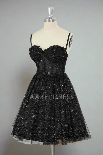 AABEI DRESS A Line Corset Spaghetti Strap Sweetheart Neckline Black Tulle Sparkle Hot Sale Short Homecoming Dress