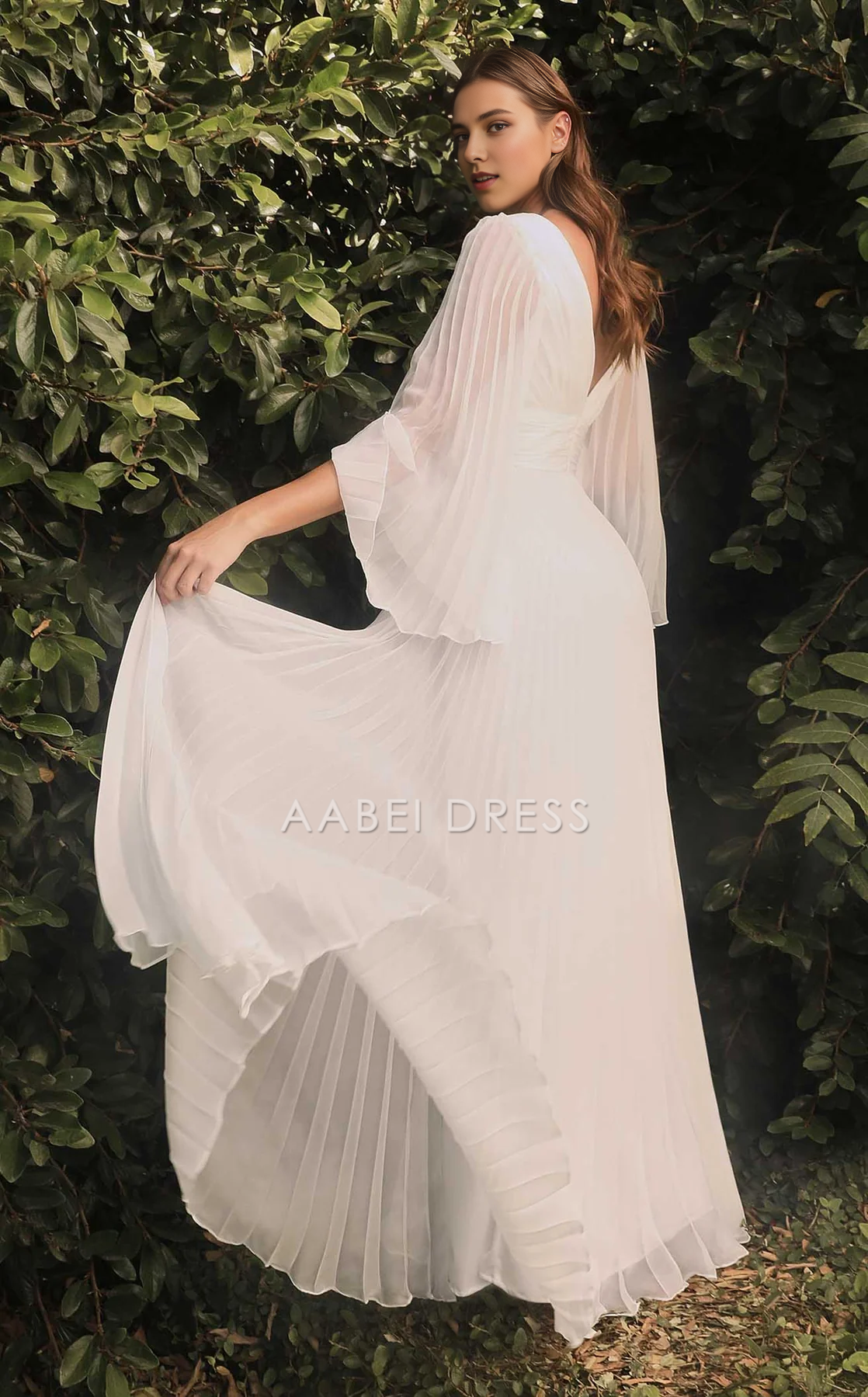 AABEI DRESS A Line Deep V Neck Angel Sleeves Pleated Exquisite Fashion Wedding Dress