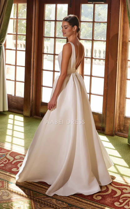 AABEI DRESS A Line Deep V Neck Sleeveless Backless Ruched Elegant Simple Wedding Dress