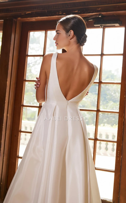 AABEI DRESS A Line Deep V Neck Sleeveless Backless Ruched Elegant Simple Wedding Dress