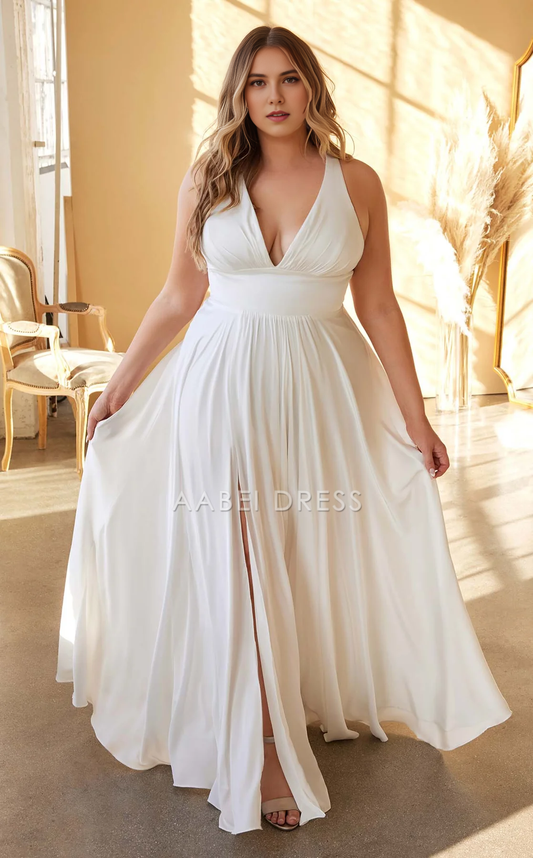 AABEI DRESS A Line Deep V Neck Sleeveless Ruched Side Fork Backless Elegant Fashion Wedding Dress