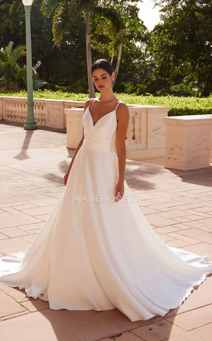 AABEI DRESS A Line Spaghetti Strap V Neck Backless Elegant Dignified Wedding Dress