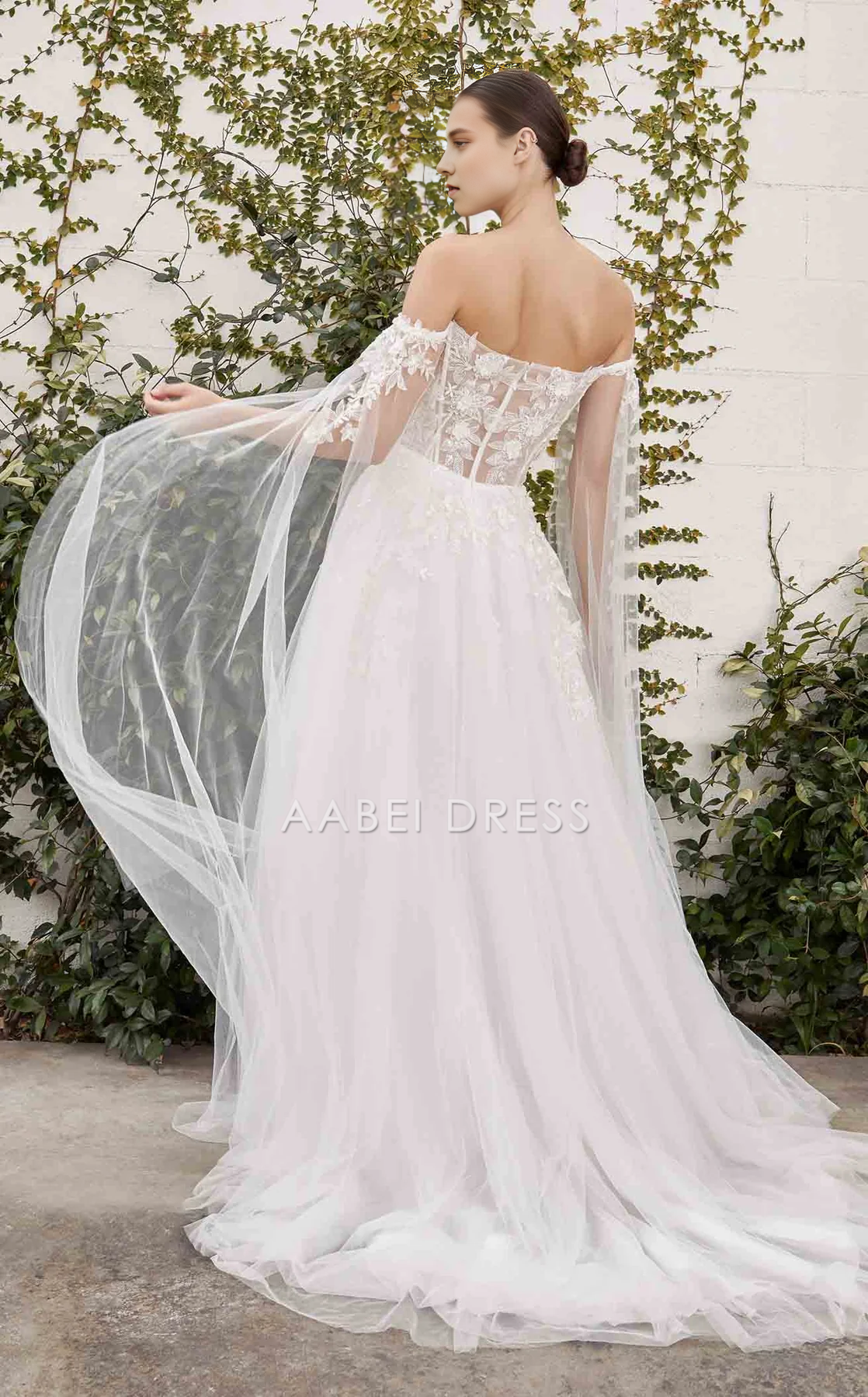 AABEI DRESS A Line Strapless Corset Bodice Cape Sleeve Lace Applique Elegant Wedding Dress