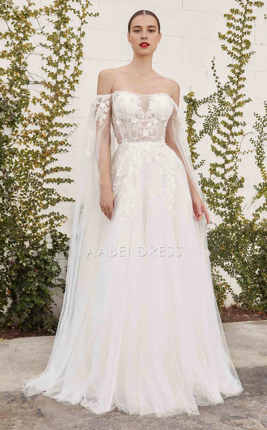 AABEI DRESS A Line Strapless Corset Bodice Cape Sleeve Lace Applique Elegant Wedding Dress