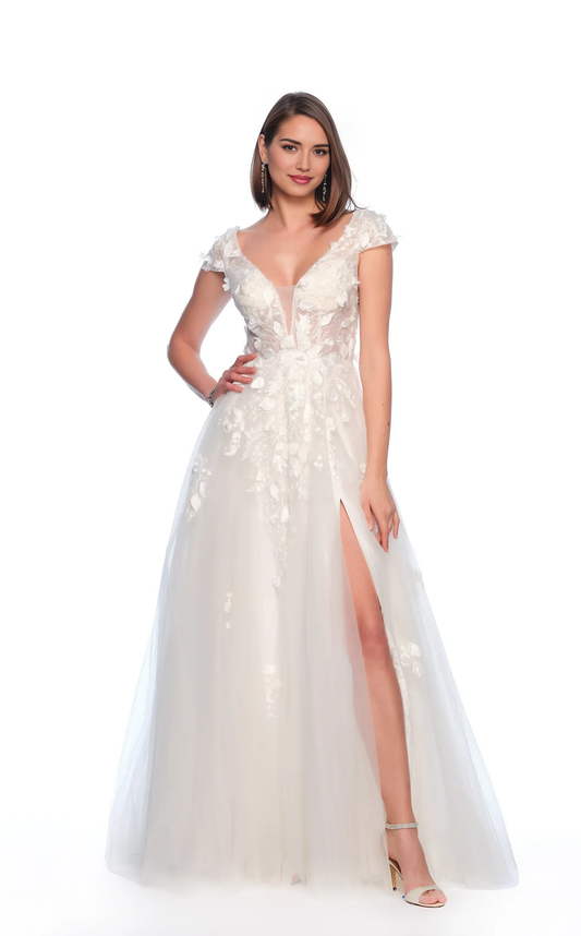 AABEI DRESS Beautiful Plunging A Line Deep V Neck Cap Sleeve Backless Side Fork Floor-Length Romantic Wedding Dress