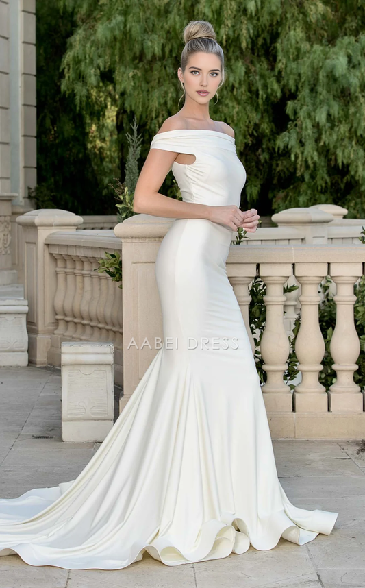 AABEI DRESS Charming Mermaid Off Shoulder Sleeveless Ruched Sweep Train Exquisite Wedding Dress