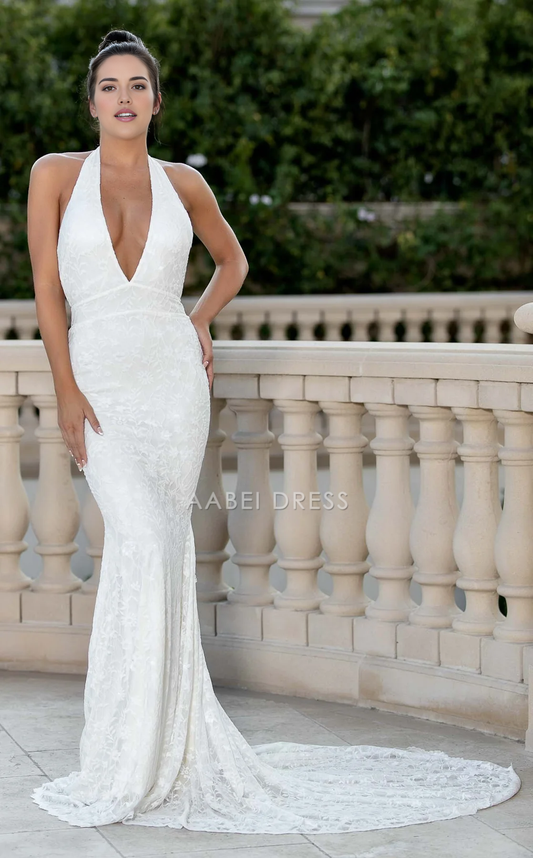 AABEI DRESS Charming Mermaid Sleeveless Halter Deep V Neck Backless Lace Exquisite Sweep Train Wedding Dress