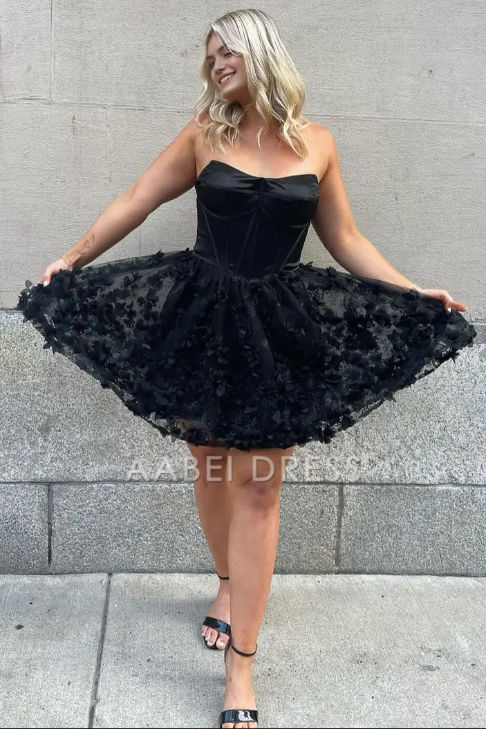 AABEI DRESS Elegant A-Line Strapless Black Floral Fashion Hot Sale Short Homecoming Dress
