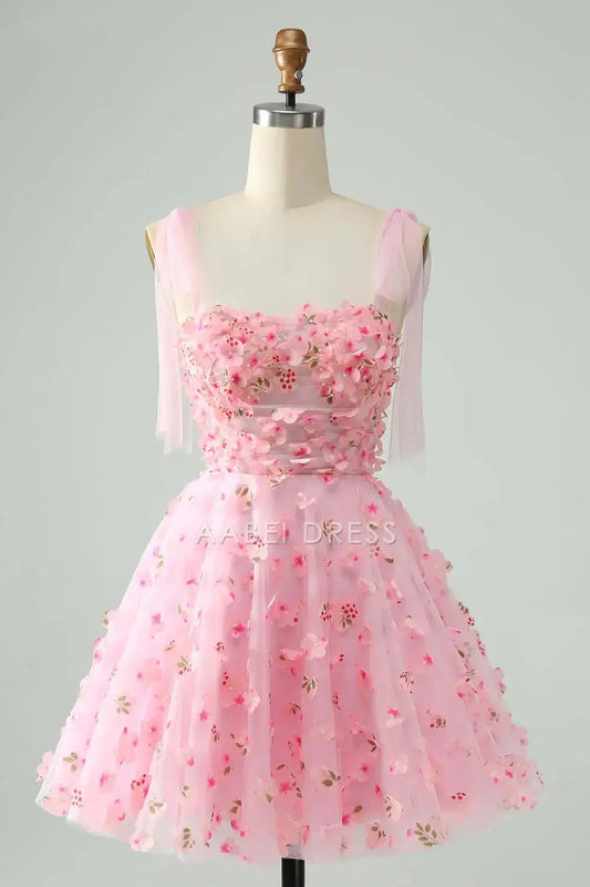 AABEI DRESS Elegant A-Line Tie Straps Corset 3D Floral Romantic Hot Sale Short Homecoming Dress