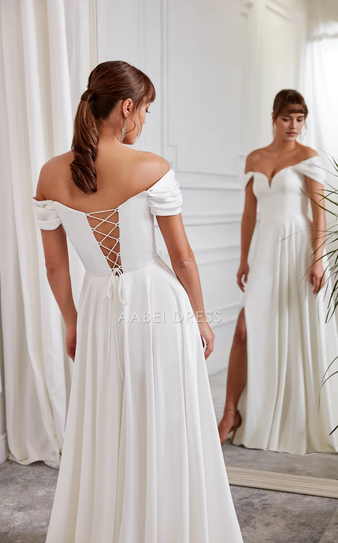 AABEI DRESS Elegant A Line Off-shoulder Sweetheart Mesh Neckline Side Fork Plunging Fit-and-Flare Wedding Dress