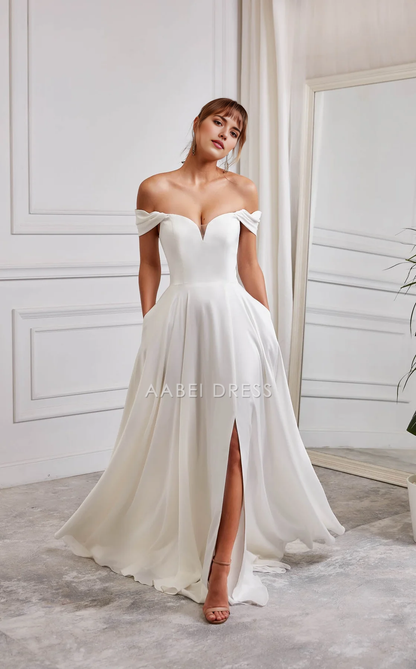 AABEI DRESS Elegant A Line Off-shoulder Sweetheart Mesh Neckline Side Fork Plunging Fit-and-Flare Wedding Dress