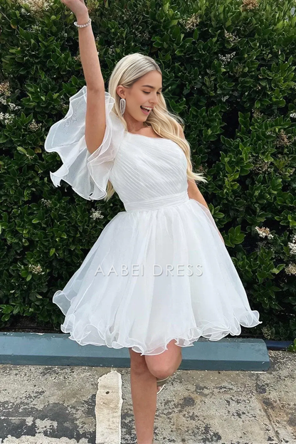 AABEI DRESS Elegant A Line One Shoulder Flutter Sleeves Ruffle Tulle Fashion Hot Sale Short Homecoming Dress