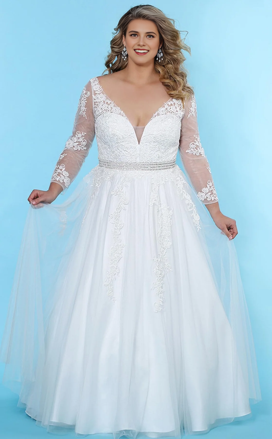 AABEI DRESS Elegant A Line V Neck Long Sleeves Lace Applique Fashion Plus size Wedding Dress