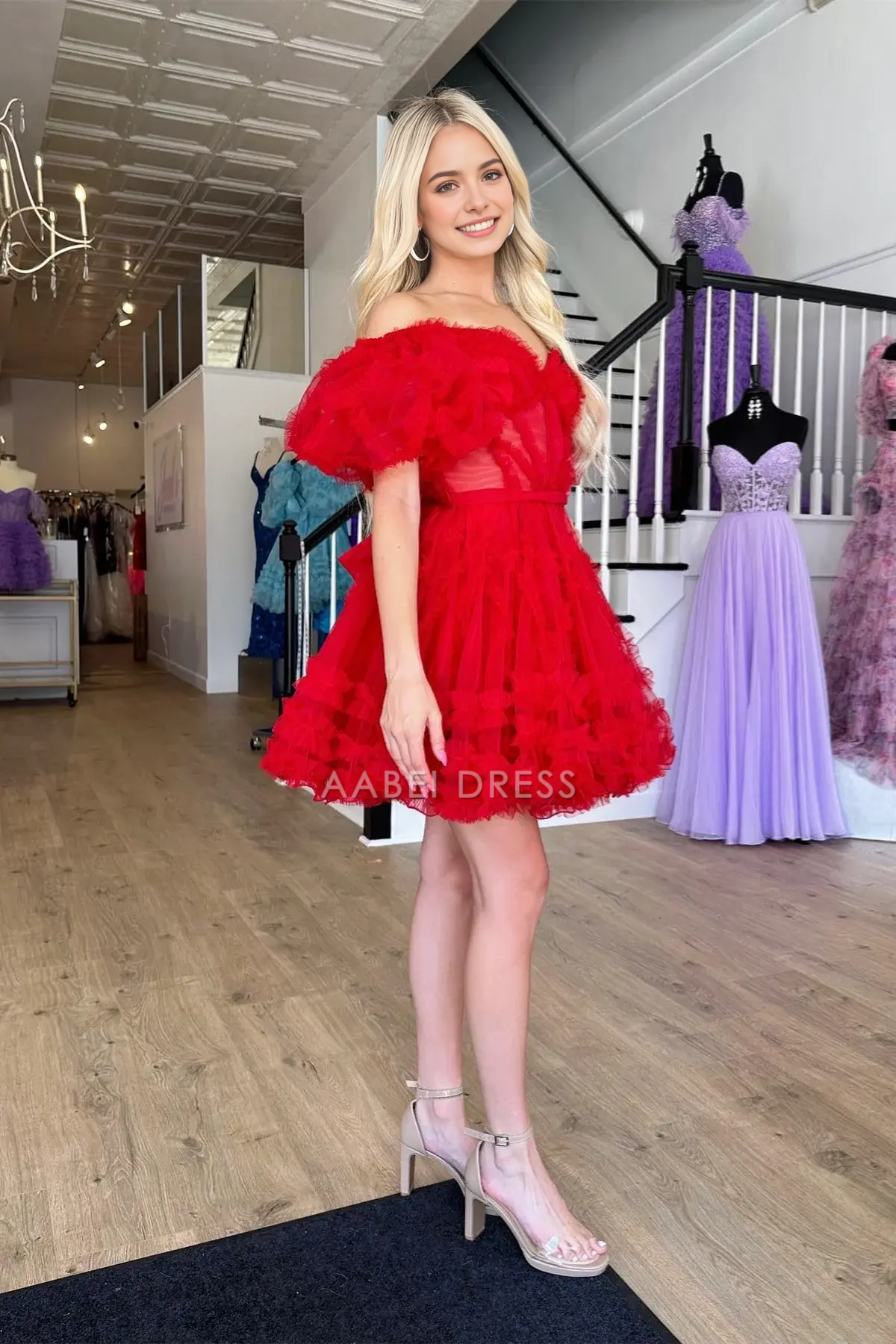 AABEI DRESS Elegant Red A Line Off-the-Shoulder Puff Sleeves Tulle Ruffle-Layers Fashion Hot Sale Short Homecoming Dress