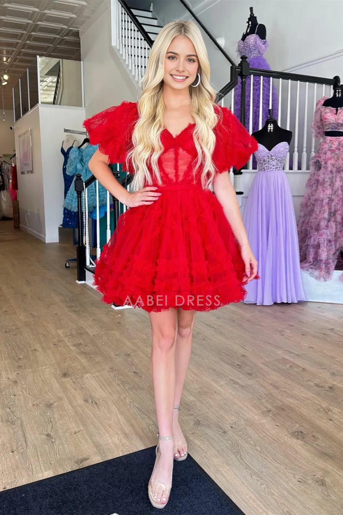 AABEI DRESS Elegant Red A Line Off-the-Shoulder Puff Sleeves Tulle Ruffle-Layers Fashion Hot Sale Short Homecoming Dress