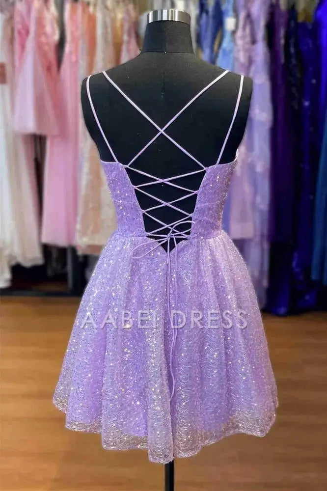 AABEI DRESS Elegant Sequin A Line Double Straps Backless Sparkle Hot Sale Short Homecoming Dress