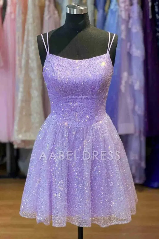 AABEI DRESS Elegant Sequin A Line Double Straps Backless Sparkle Hot Sale Short Homecoming Dress