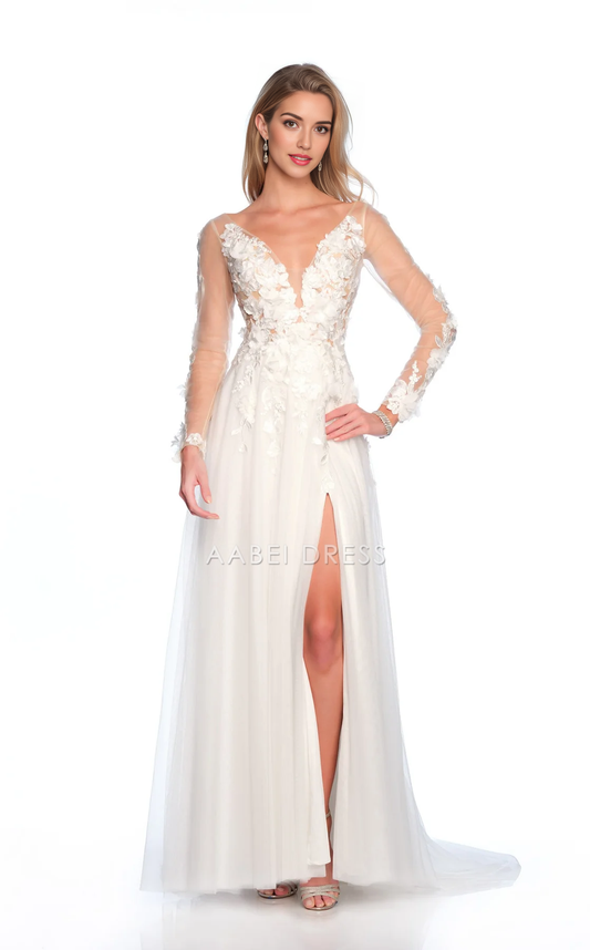 AABEI DRESS Exquisite A Line V Neck Long Sleeves 3D Flower Side Fork Floor-length Charming Wedding Dress