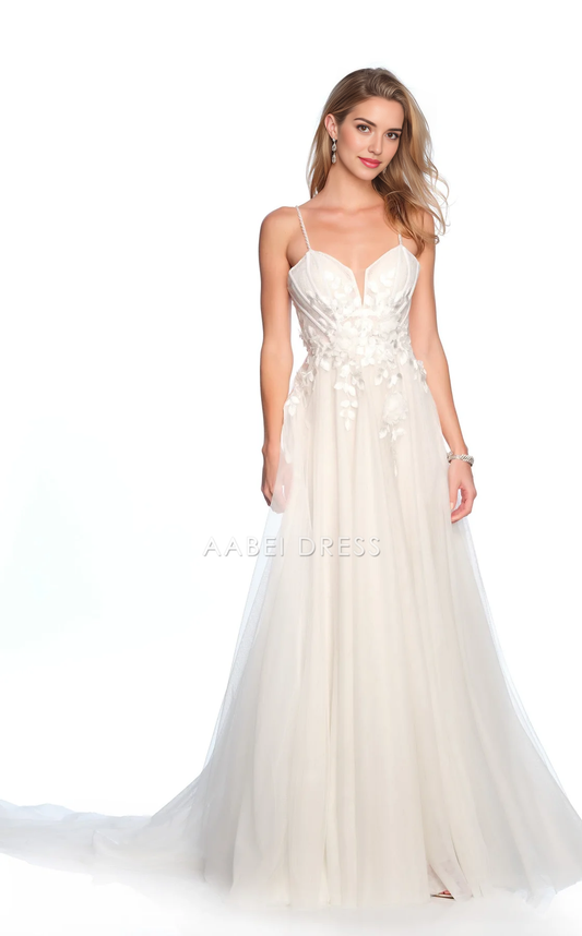 AABEI DRESS Exquisite A Line V Neck Spaghetti Strap Flower Backless Floor-length Fantastic Wedding Dress