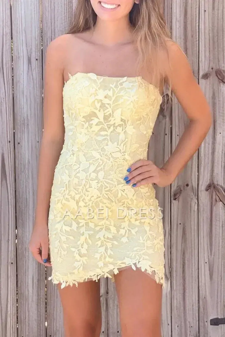 AABEI DRESS Exquisite Sheath Strapless Lace Appliques Fashion Hot Sale Short Homecoming Dress