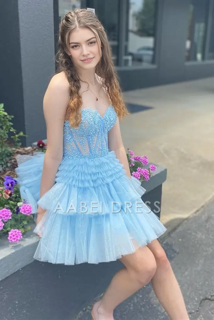 AABEI DRESS Fashion A-Line Strapless Sweetheart Neckline Appliques Layers Ruched Backless Exquisite Hot Sale Short Homecoming Dress