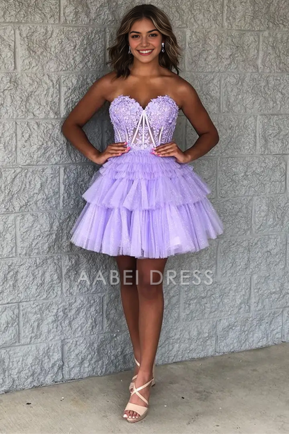 AABEI DRESS Fashion A-Line Strapless Sweetheart Neckline Appliques Layers Ruched Backless Exquisite Hot Sale Short Homecoming Dress