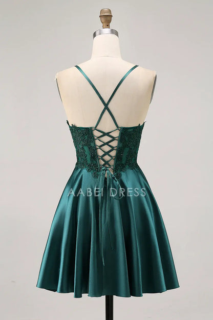 AABEI DRESS For Women Short Prom Dress A Linee Round Neck Spaghetti Strap Backless Lace Applique Retro Dress Affordable Hot Sale Homecoming Dress