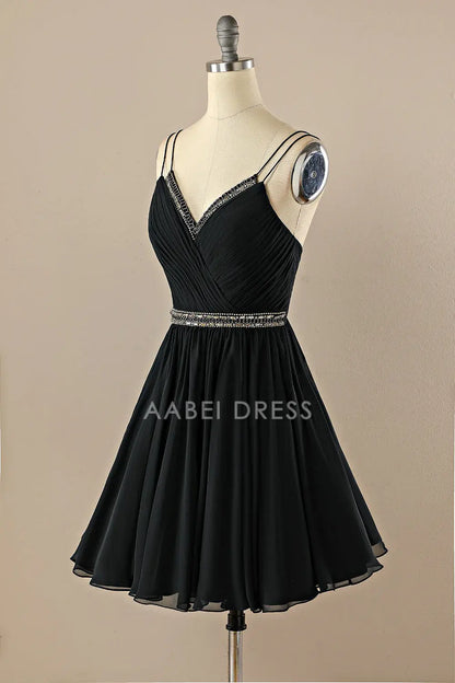 AABEI DRESS For Women Short Prom Dress Black A-Line V Neck Double Spaghetti Straps  Backless With Bead String Ruched Charming Dress Affordable Hot Sale Homecoming Dress