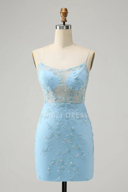 AABEI DRESS For Women Short Prom Dress Blue Bodycon Spaghetti Straps Sequin Applique With Lace-Up Back Backless Exquisite Dress Affordable Hot Sale Homecoming Dress
