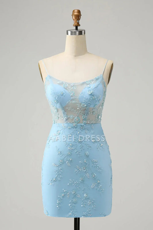 AABEI DRESS For Women Short Prom Dress Blue Bodycon Spaghetti Straps Sequin Applique With Lace-Up Back Backless Exquisite Dress Affordable Hot Sale Homecoming Dress