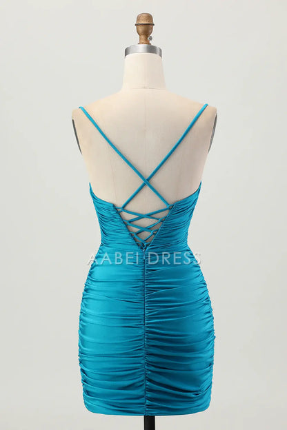 AABEI DRESS For Women Short Prom Dress Blue Sheath Spaghetti Strap Sweetheart Neckline Keyhole Backless With Rhinestone Pleated Dress Affordable Hot Sale Homecoming Dress