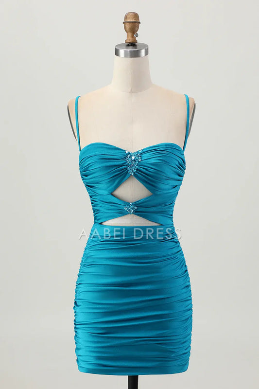 AABEI DRESS For Women Short Prom Dress Blue Sheath Spaghetti Strap Sweetheart Neckline Keyhole Backless With Rhinestone Pleated Dress Affordable Hot Sale Homecoming Dress