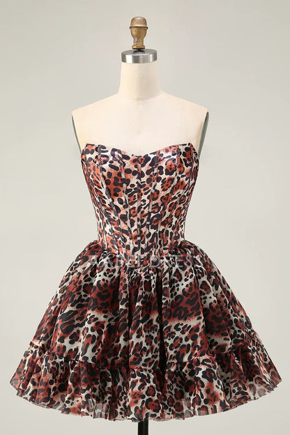 AABEI DRESS For Women Short Prom Dress Cheetah Print A Line Corset Off The Shoulder Backless Ruched Sexy Dress Affordable Hot Sale Homecoming Dress