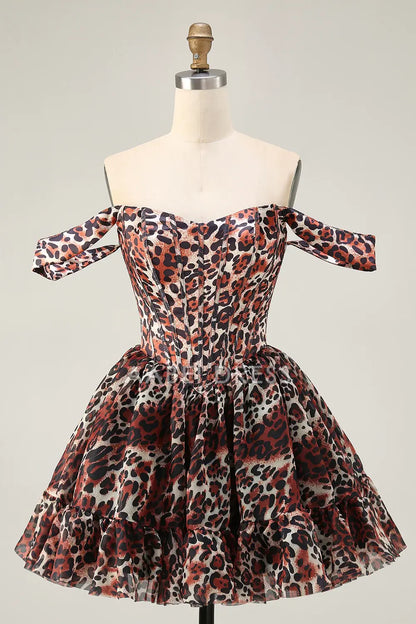 AABEI DRESS For Women Short Prom Dress Cheetah Print A Line Corset Off The Shoulder Backless Ruched Sexy Dress Affordable Hot Sale Homecoming Dress