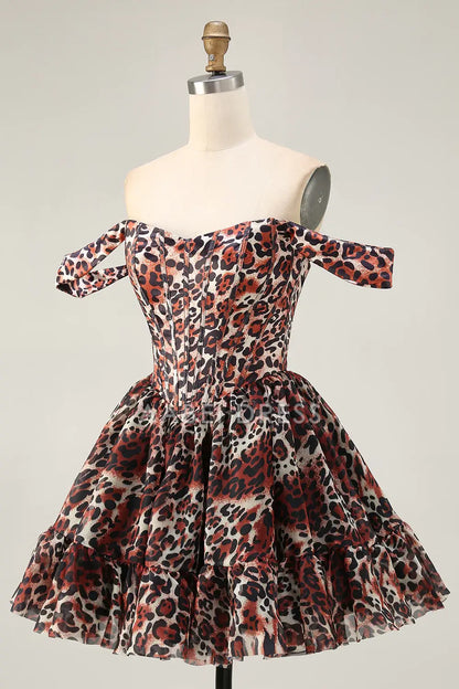 AABEI DRESS For Women Short Prom Dress Cheetah Print A Line Corset Off The Shoulder Backless Ruched Sexy Dress Affordable Hot Sale Homecoming Dress