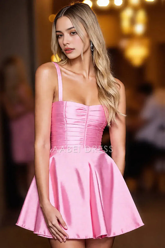 AABEI DRESS For Women Short Prom Dress Cute Pink A Line Spaghetti Straps Low-Cut Pleated Top Simple Dress Affordable Hot Sale Homecoming Dress