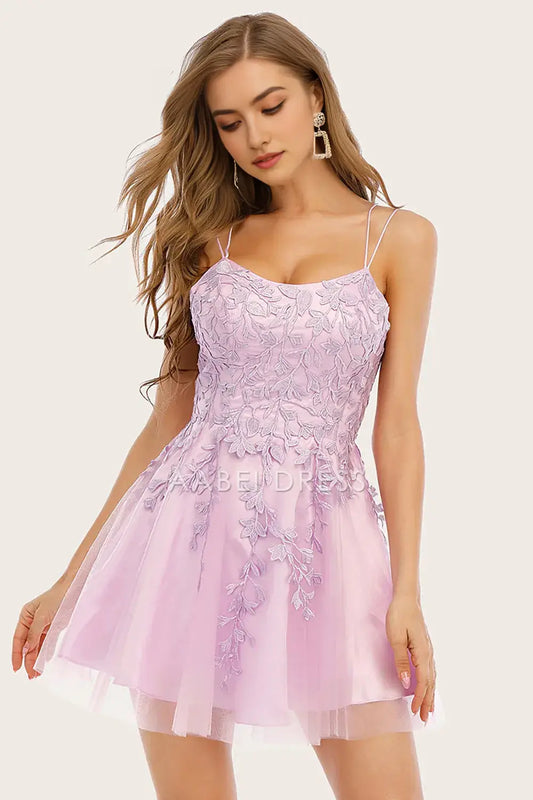 AABEI DRESS For Women Short Prom Dress Exquisite A-Line Double Spaghetti Straps Lace Applique Backless Cute Dress Affordable Hot Sale Homecoming Dress