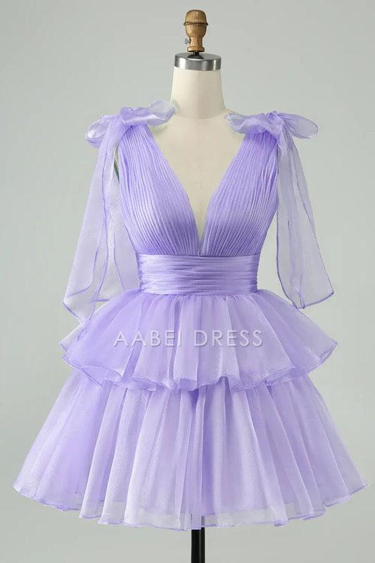 AABEI DRESS For Women Short Prom Dress Exquisite A Line V Neck Pleated Top Tiered Ruched Backless Chic Dress Affordable Hot Sale Homecoming Dress