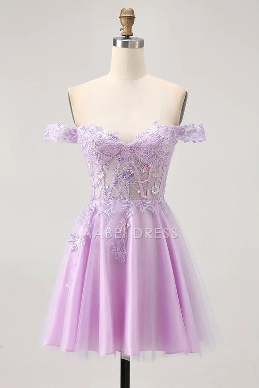 AABEI DRESS For Women Short Prom Dress Glitter Lilac A Line Sweetheart Neckline Backless With Exquisite Lace Appliques Cute Dress Affordable Hot Sale Homecoming Dress