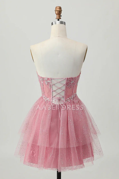 AABEI DRESS For Women Short Prom Dress Gorgeous A Line Strapless Beadwork Tiers Sequin Ruched Dress Affordable Hot Sale Homecoming Dress