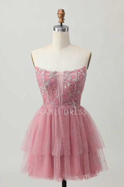 AABEI DRESS For Women Short Prom Dress Gorgeous A Line Strapless Beadwork Tiers Sequin Ruched Dress Affordable Hot Sale Homecoming Dress