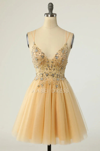 AABEI DRESS For Women Short Prom Dress Gorgeous A Line V Neck Double Spaghetti Straps With Beading Backless Exquisite Dress Affordable Hot Sale Homecoming Dress
