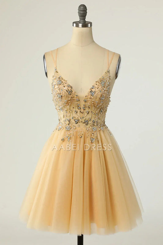 AABEI DRESS For Women Short Prom Dress Gorgeous A Line V Neck Double Spaghetti Straps With Beading Backless Exquisite Dress Affordable Hot Sale Homecoming Dress