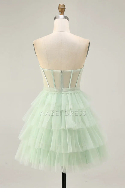 AABEI DRESS For Women Short Prom Dress Light Green A Line Strapless Sweetheart Neckline Backless Layering Ruffles Cute Dress Affordable Hot Sale Homecoming Dress