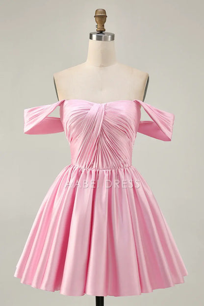 AABEI DRESS For Women Short Prom Dress Pink A Line Off The Shoulder Pleated Low-Cut Elegant Simple Dress Affordable Hot Sale Homecoming Dress