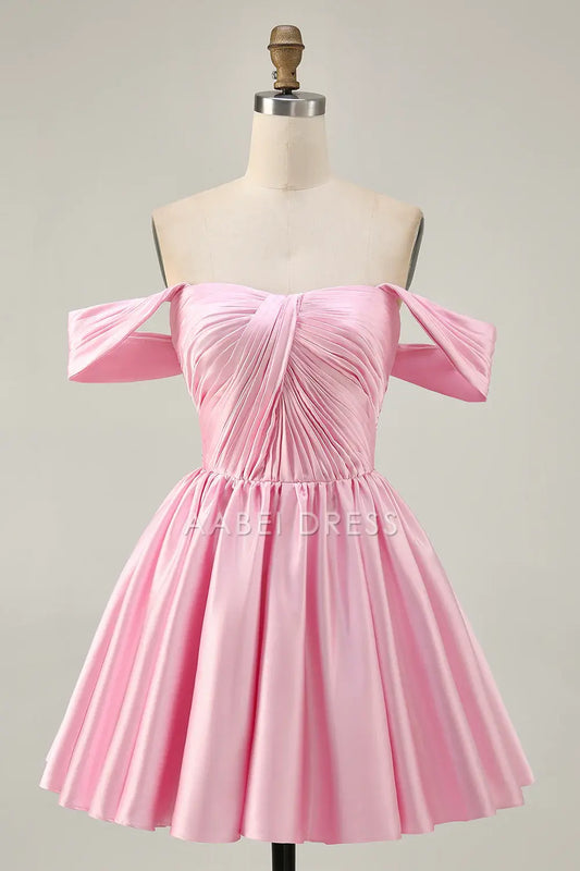 AABEI DRESS For Women Short Prom Dress Pink A Line Off The Shoulder Pleated Low-Cut Elegant Simple Dress Affordable Hot Sale Homecoming Dress