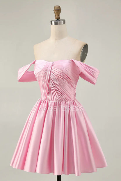 AABEI DRESS For Women Short Prom Dress Pink A Line Off The Shoulder Pleated Low-Cut Elegant Simple Dress Affordable Hot Sale Homecoming Dress